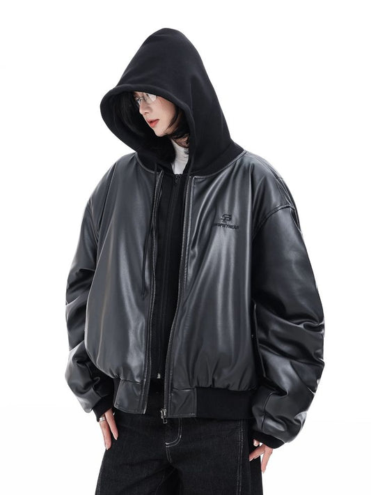 Unisex Vegan Leather Hooded Jacket – Premium Heavy Cotton Fleece Hood | Oversized Streetwear Leather Hoodie Jacket for Men & Women