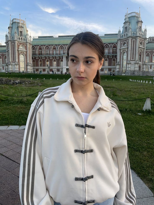 Suspended Clothing white CNY jacket with mandarin collar and frog closures for Indian and global streetwear