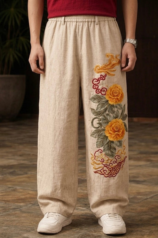 Chinese baggy pants for unisex with yellow peony 3D embroidery on beige fabric by Suspended Clothing.