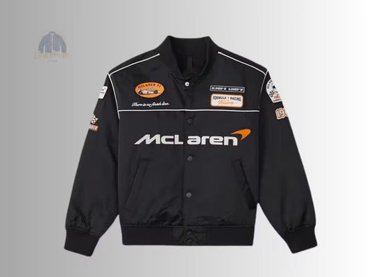 the black McLaren F1 parachute jacket showing the relaxed, oversized windbreaker fit.