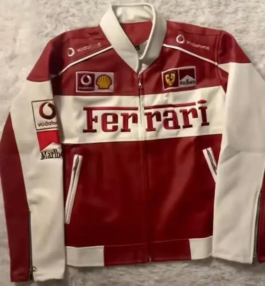 White and red Ferrari leather jacket with racing patches and oversized streetwear fit