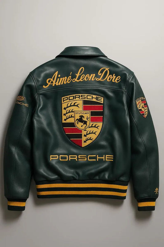 Green Porsche Varsity Leather Jacket back view 