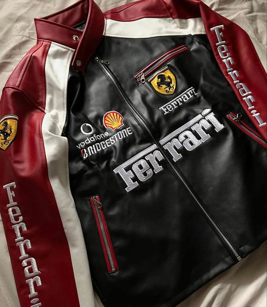 Black Ferrari leather jacket for men with red and white racing stripes, sponsor logos, and embroidered chest branding