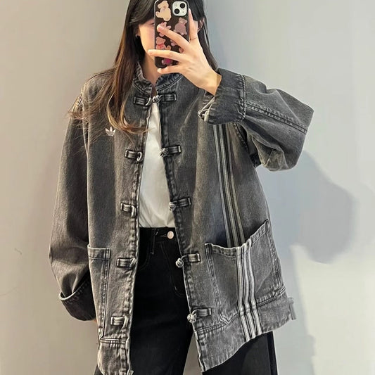 Unisex Chinese Knot Streetwear Washed Denim Jacket