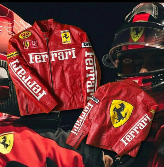 Close-up of red matte vegan leather jacket with Ferrari racing patches and white logo text
