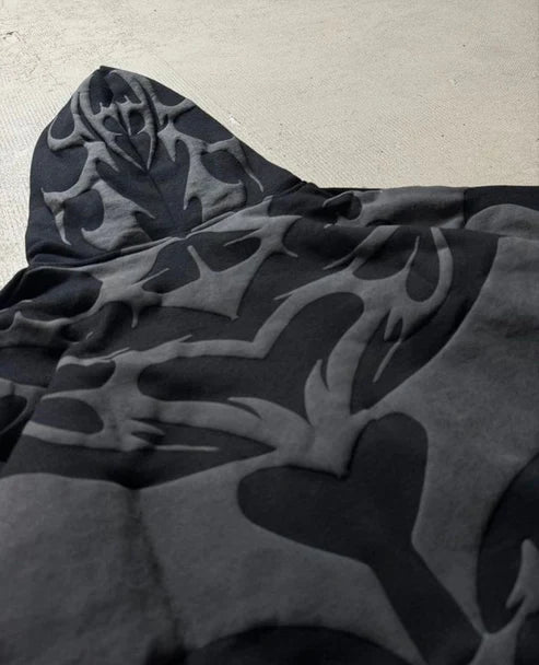 Close up of raw edge textured depth black hoodie mens design Suspended Clothing
