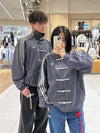 Model wearing Cny Jacket, styling the oversized ash grey lunar new year outfit