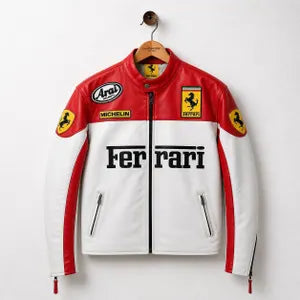 Ferrari Racing White Leather Jacket – Premium F1 Motorsport Enthusiasts (Embroidered)