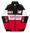 vintage Scuderia Ferrari Racing Jacket showing the oversized motorsport fit and embroidered logos