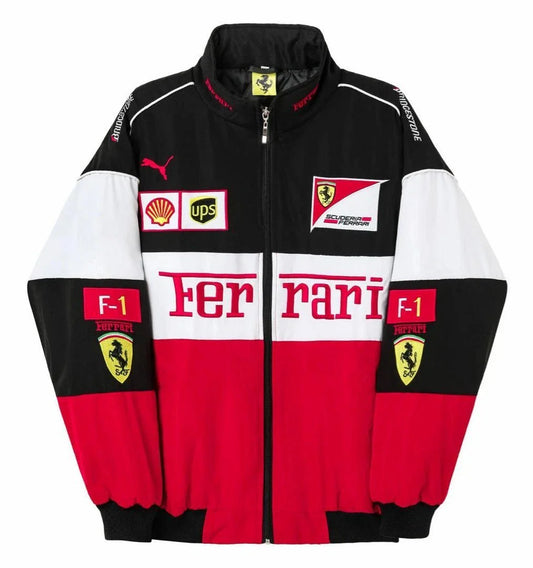 vintage Scuderia Ferrari Racing Jacket showing the oversized motorsport fit and embroidered logos