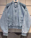 Front layout of the oversized light blue denim CNY jacket showing the custom acid wash finish.