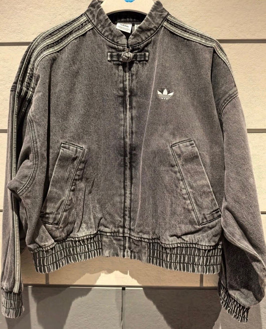 Full front view of vintage washed denim CNY jacket featuring authentic Chinese knot button details
