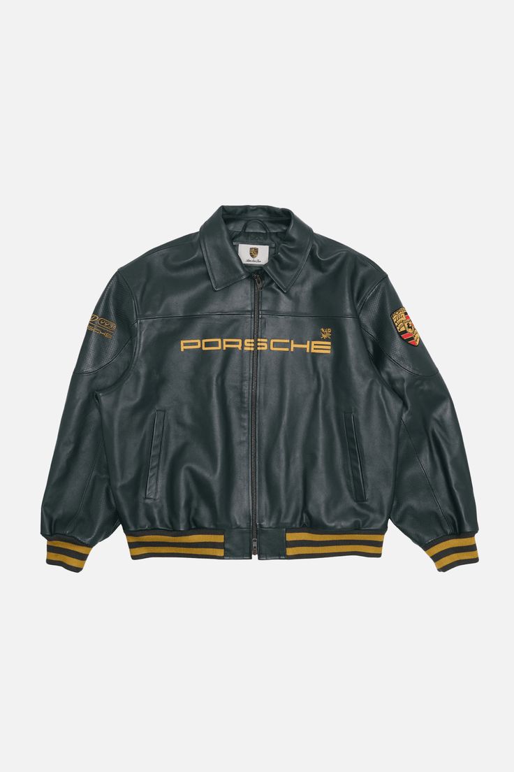 Green Porsche leather jacket on a white background
