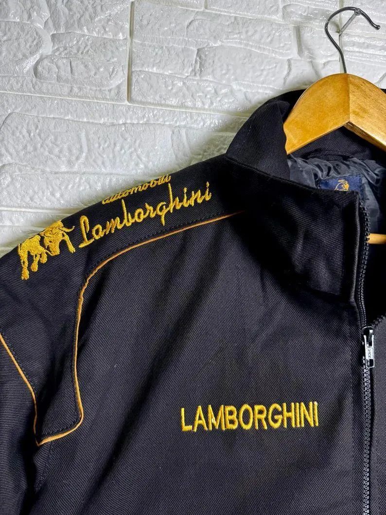 High-density embroidery detail on Suspended Clothing Lamborghini technical track jacket