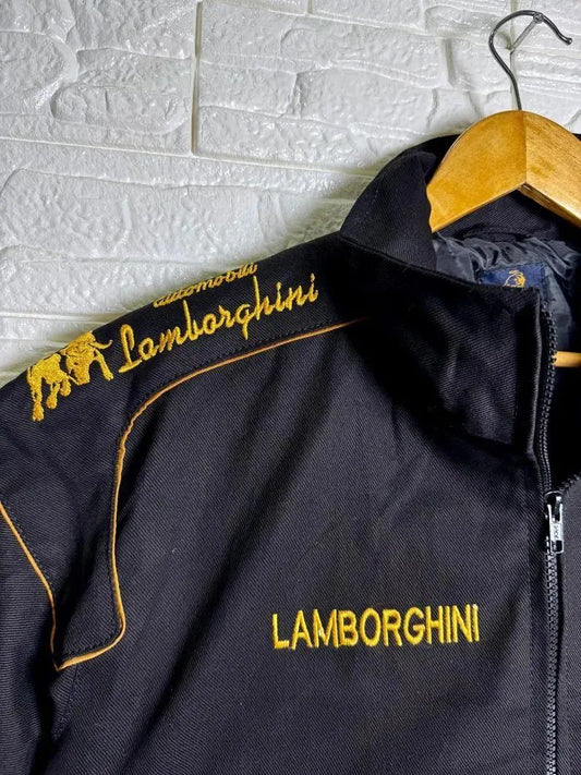 High-density embroidery detail on Suspended Clothing Lamborghini technical track jacket