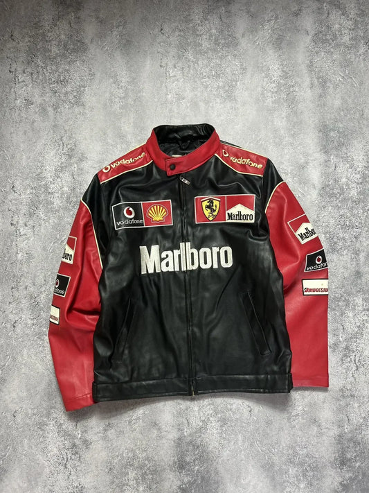 Black and red vintage racing jacket with embroidered motorsport patches and sponsor logos