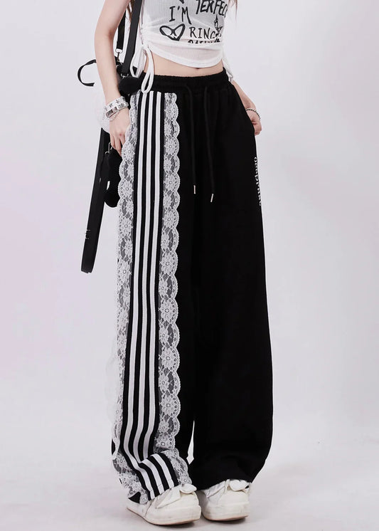 Lace-Trimmed Striped Wide-Leg Sweatpants new bottom