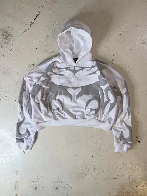 Men's styling of Suspended Clothing unisex oversized black hoodie with abstract distressed patches