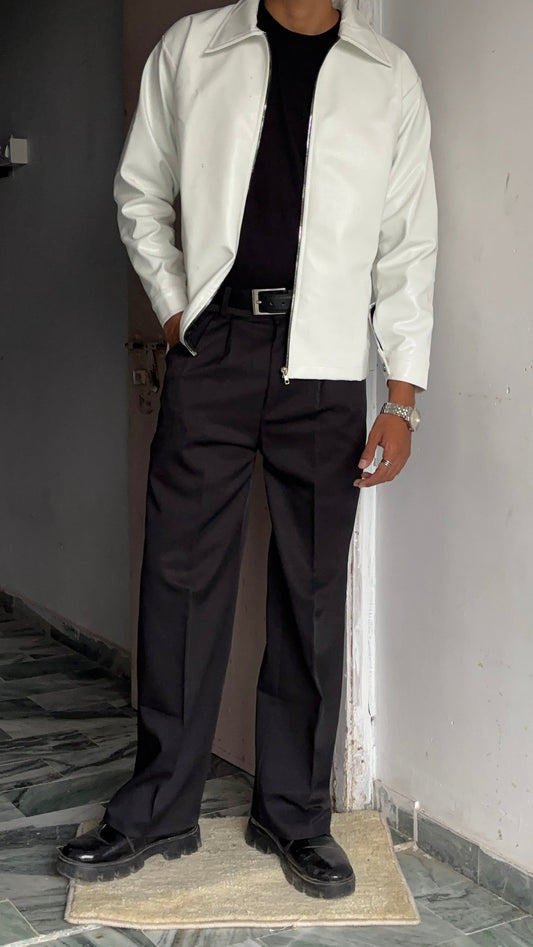 Model styling a White vegan leather jacket black, showing the perfect oversized faux black leather jacket mens/womens fit