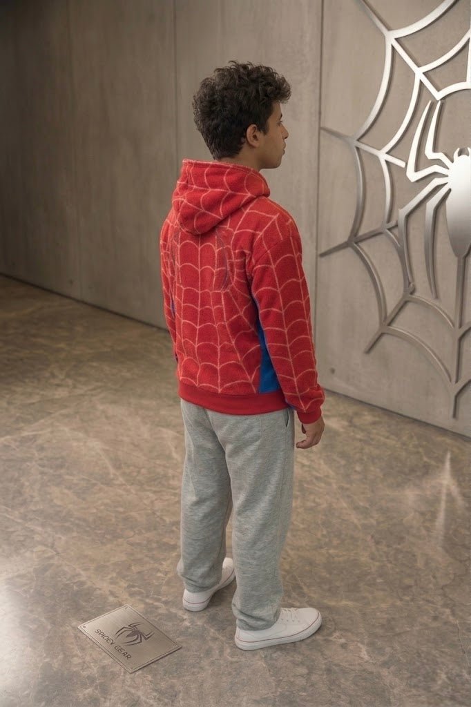 Red Spider Man inspired streetwear hoodie with custom eye details and 3D web print on Back pupp Print .
