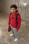 men red Spider Man hoodie with 3D puff print web design and spidey eye hood