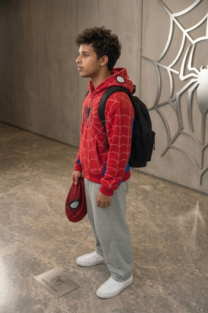 Y2K red spider web zip-up jacket for men featuring premium 380 GSM fleece and textured puff graphics.