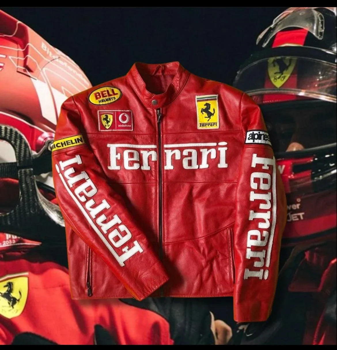 Red Ferrari racing leather jacket with oversized streetwear fit, motorsport patches visible