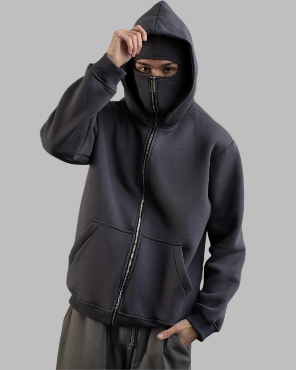 Suspended Clothing grey balaclava hoodie showing the structural boxy silhouette and deep hood.