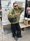 Suspended Clothing olive green CNY streetwear jacket with military stand collar and suede finish
