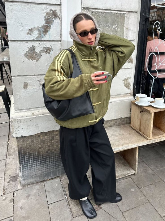 Suspended Clothing olive green CNY streetwear jacket with military stand collar and suede finish