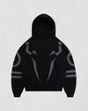 Suspended Clothing oversized black streetwear hoodie with Ryomen Sukuna inspired distressed applique patches