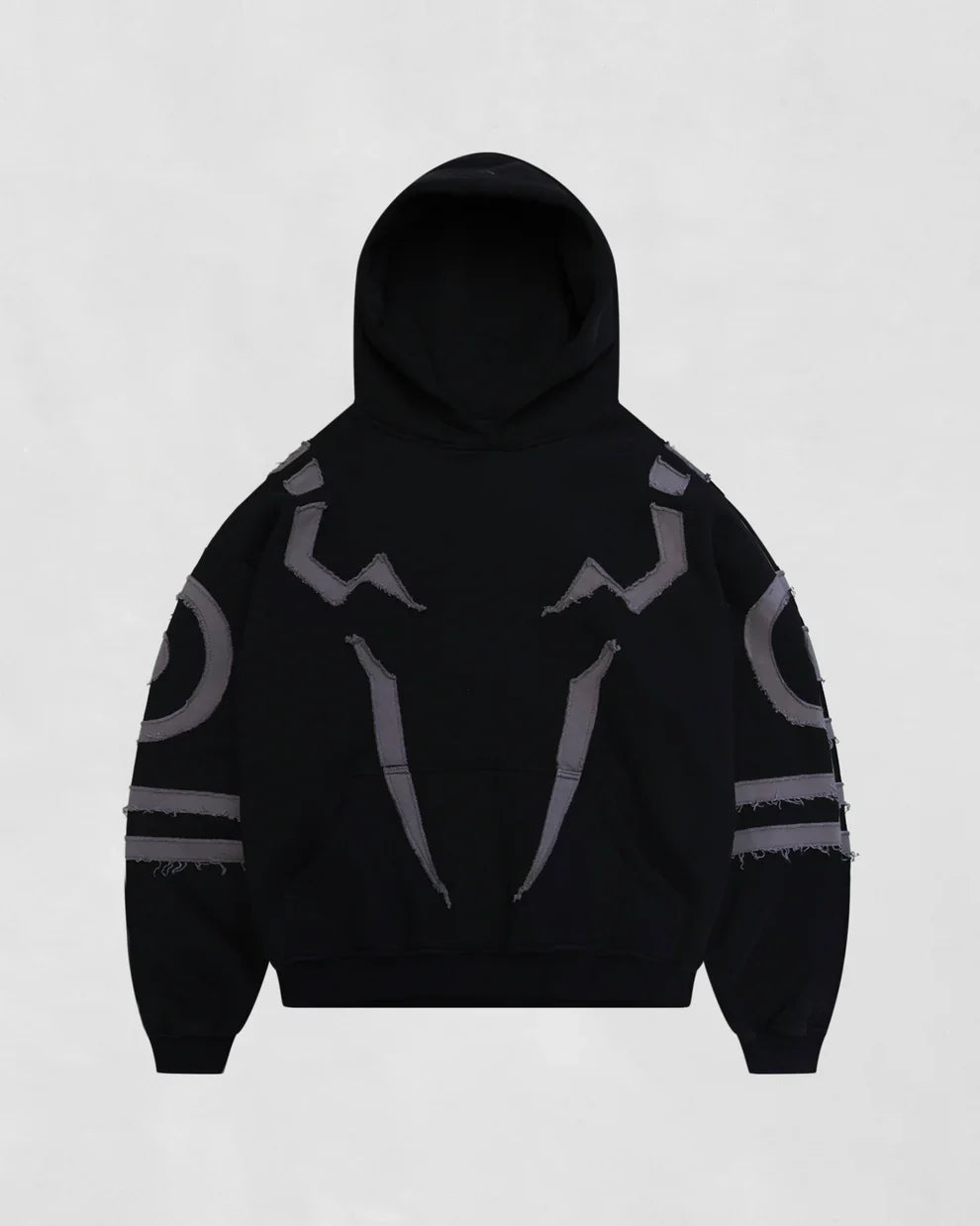 Suspended Clothing oversized black streetwear hoodie with Ryomen Sukuna inspired distressed applique patches