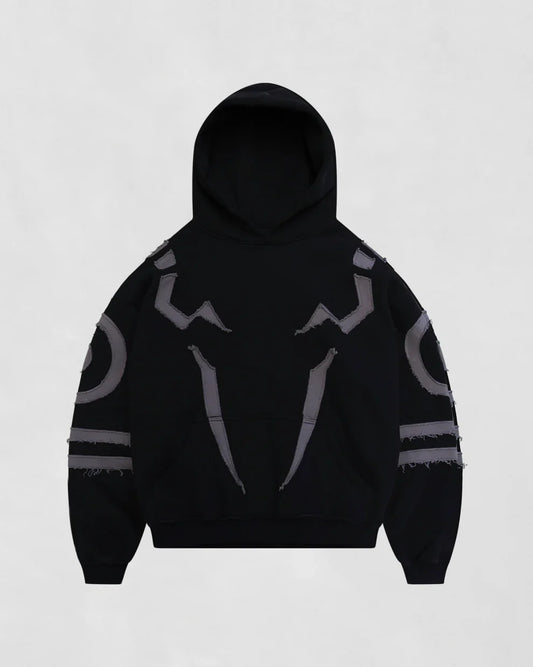 Suspended Clothing oversized black streetwear hoodie with Ryomen Sukuna inspired distressed applique patches