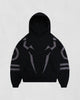 Suspended Clothing oversized black streetwear hoodie with Ryomen Sukuna inspired distressed applique patches