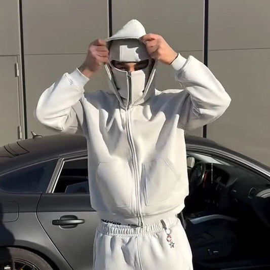 Front view of Suspended Clothing white masked hoodie showing integrated anatomical face cover.
