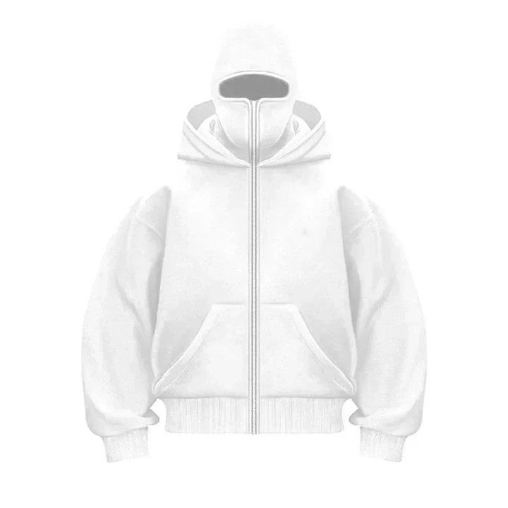 Suspended Clothing white oversized hoodie with mask showing structural boxy fit.