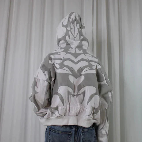 Unisex white streetwear hoodie with dark cyber goth aesthetic and layered patch design