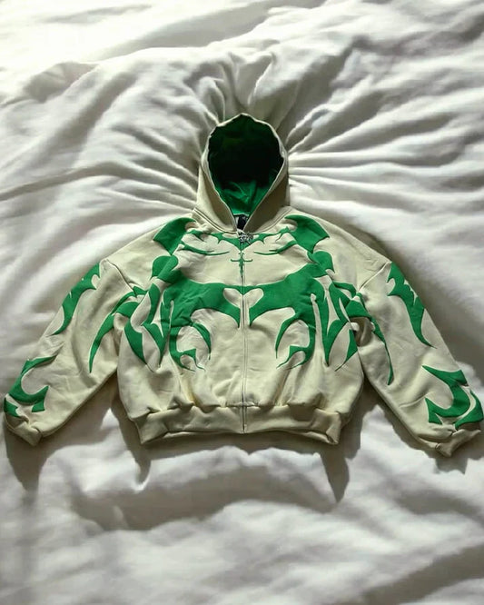 Suspended Clothing Premium White & Green Depth Hoodie | 3D Applique Streetwear & Dark Aesthetic
