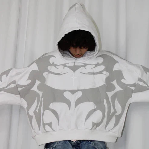 White Suspended Clothing unisex oversized hoodie with distressed raw-edge abstract appliqué patches