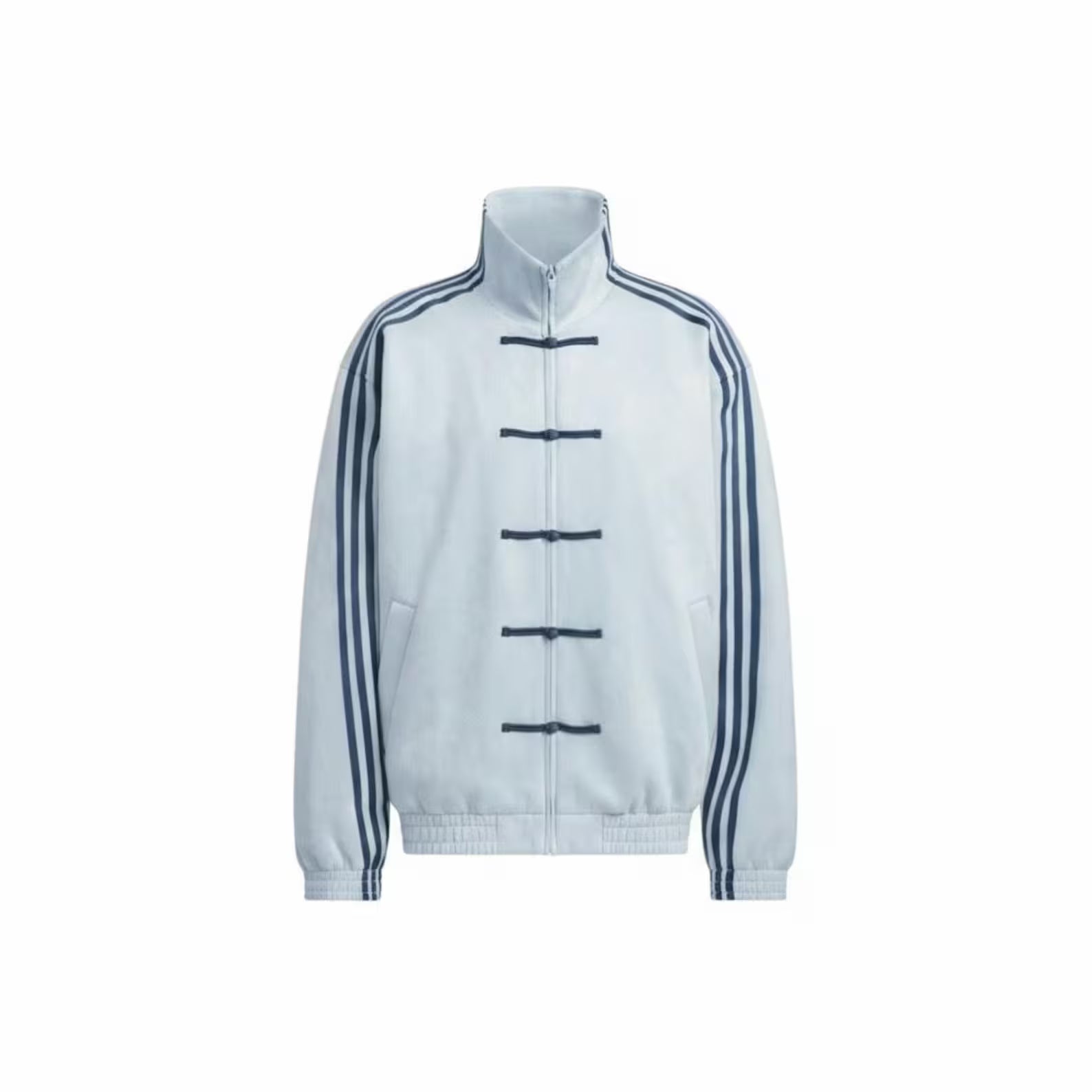 aqua blue cny jacket with black stripes and kont buttons streetwear