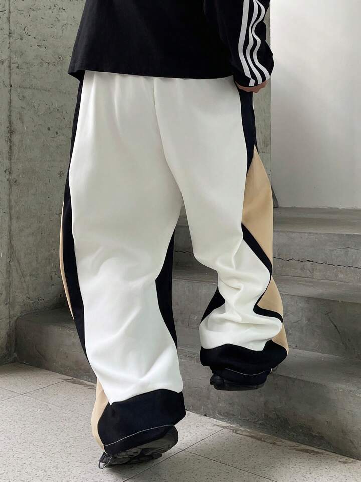 back view Premium Wide-Leg Cotton Track Pants – High-Street Color Block Joggers