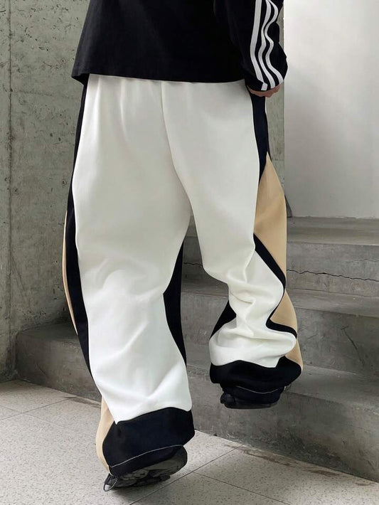 back view Premium Wide-Leg Cotton Track Pants – High-Street Color Block Joggers