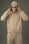 Suspended Clothing Eon series beige balaclava hoodie in 450GSM heavyweight sand fleece.
