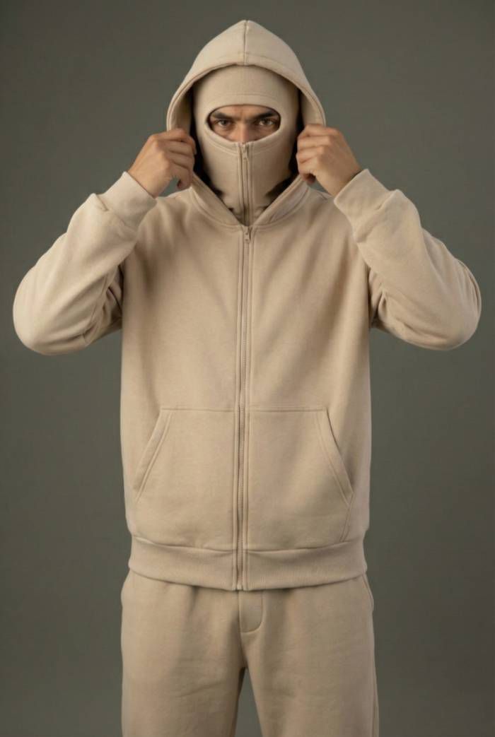 Suspended Clothing Eon series beige balaclava hoodie in 450GSM heavyweight sand fleece.