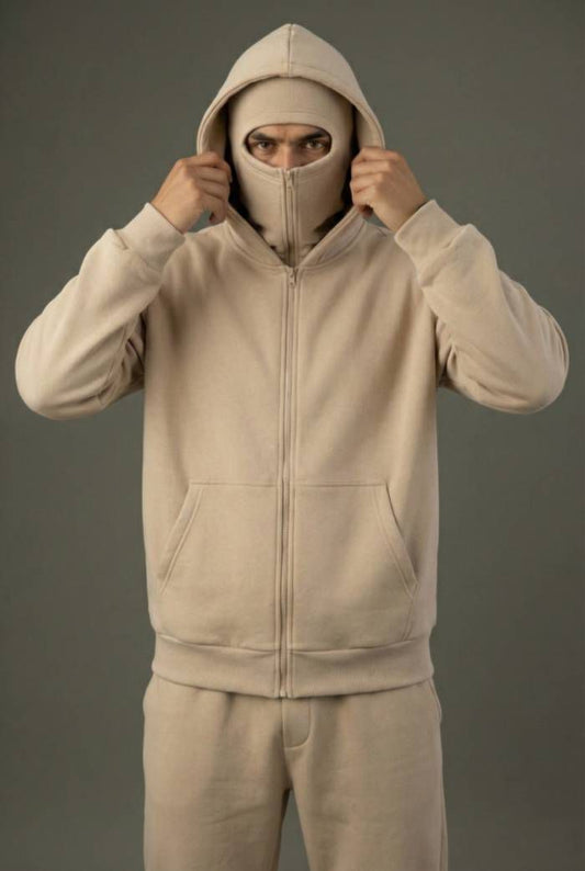 Suspended Clothing Eon series beige balaclava hoodie in 450GSM heavyweight sand fleece.