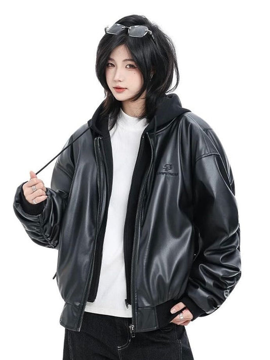 Unisex Vegan Leather Hooded Jacket – Premium Heavy Cotton Fleece Hood | Oversized Streetwear Leather Hoodie Jacket for Men & Women