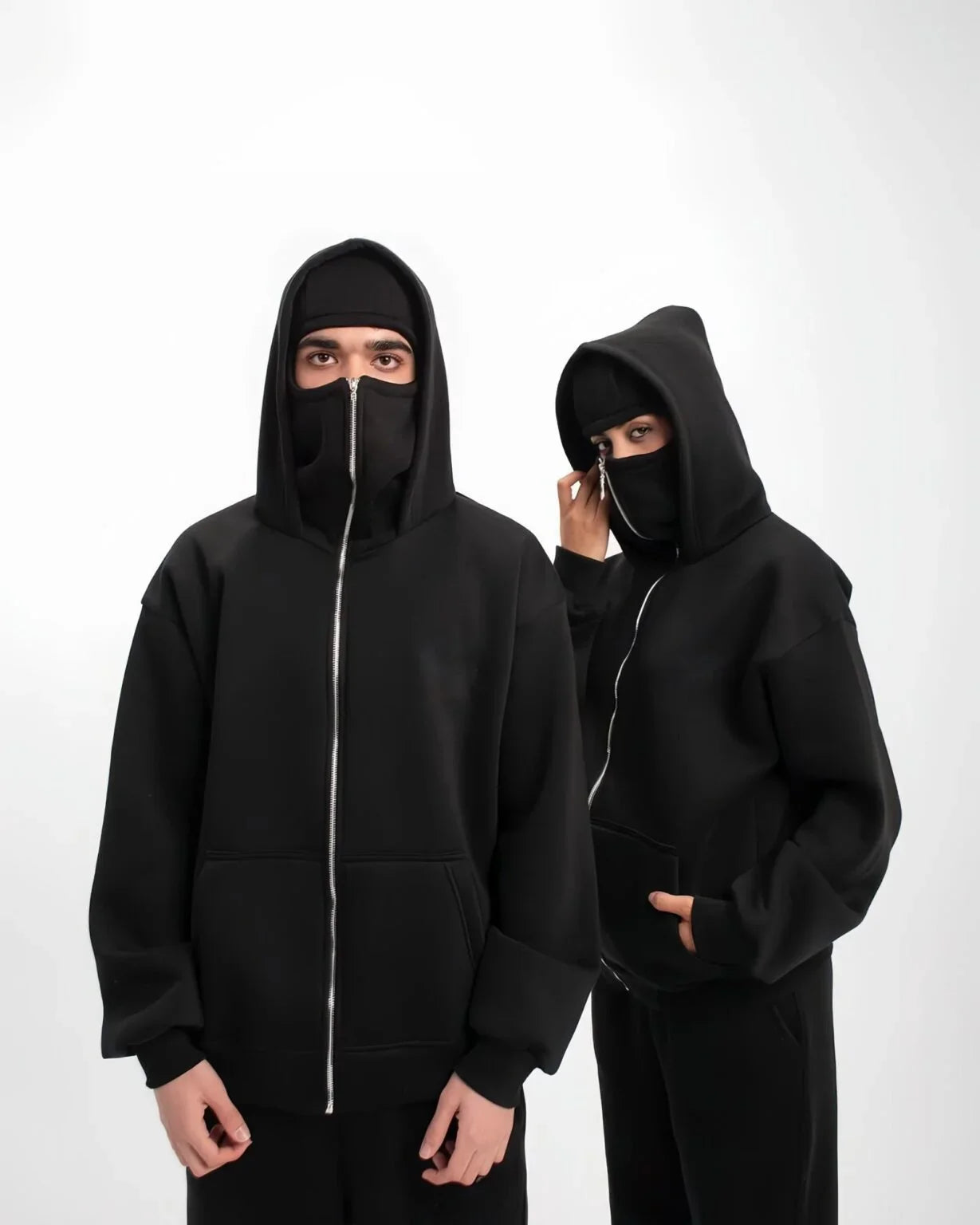 Suspended Clothing Void Duo pack of 2 black balaclava hoodies in high-density 450GSM obsidian fleece.