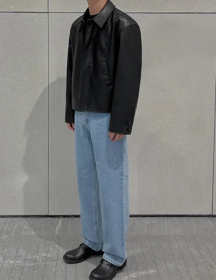 men black cropped faux leather jacket, showing the clean oversized boxy cropped leather jacket men drop.