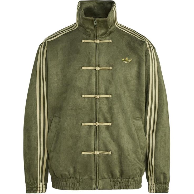 Close up of traditional olive frog closures and braided knot buttons on Suspended Clothing suede jacket