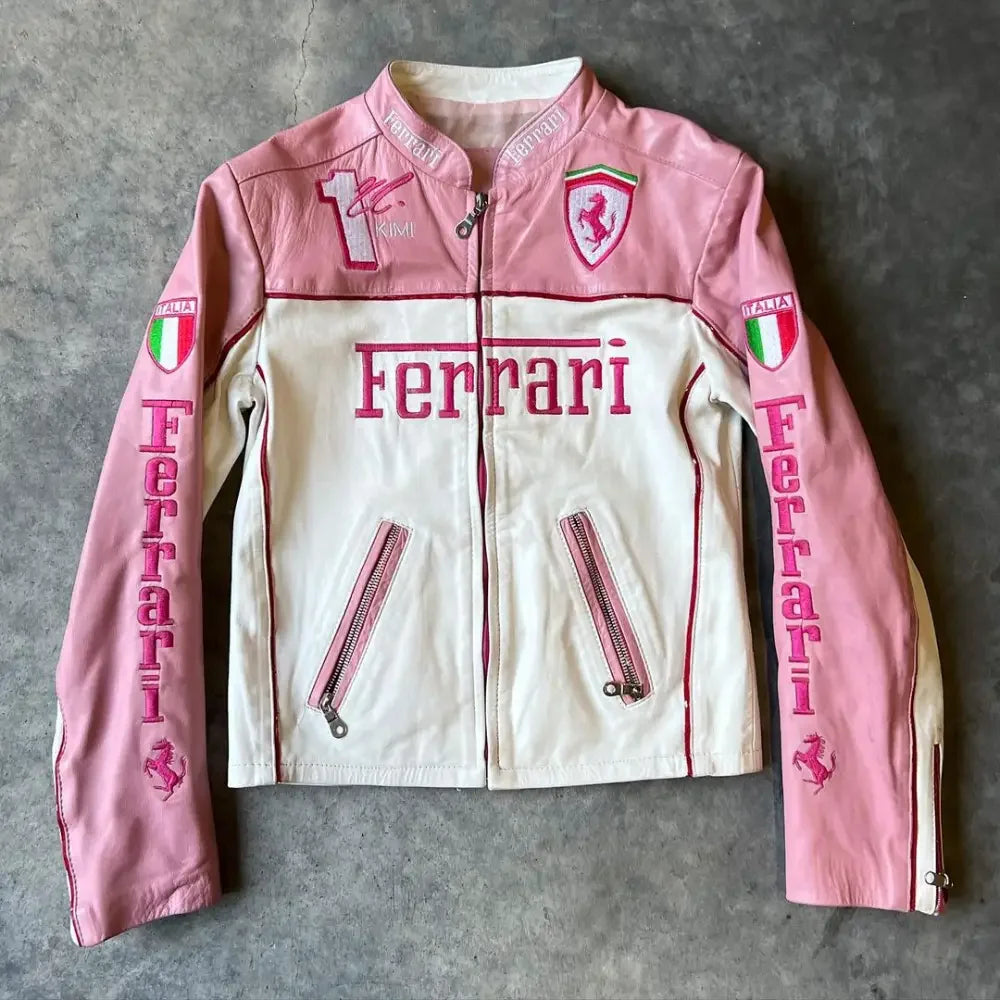 Oversized pink and white Ferrari leather racing jacket with bold logo and zip pockets